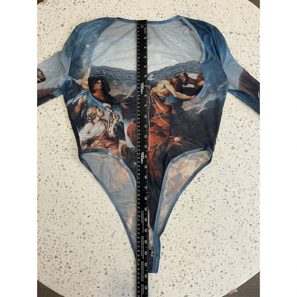 Art To Wear Womens M L Abstract mesh long sleeve lace bodysuit Y2K Whimsigoth - Picture 13 of 16